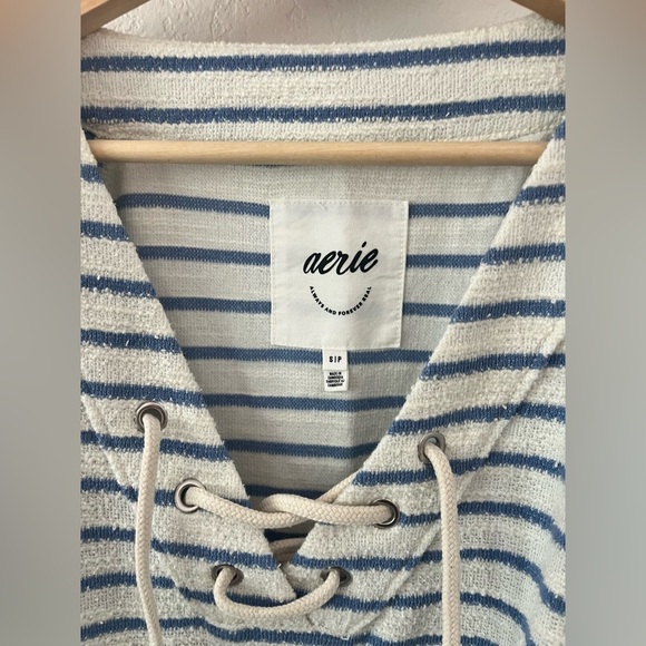 Aerie Women Small Terrycloth Sweatshirt Pullover Blue Striped Beach Summer Lace - Picture 2 of 7